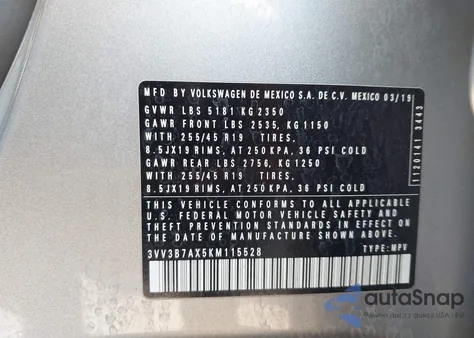 2019 Volkswagen Tiguan 2.0T Se/2.0T Sel/2.0T Sel R-Line/2.0T Sel R-Line Black z USA, uszkodzony, nr VIN 3VV3B7AX5KM115528